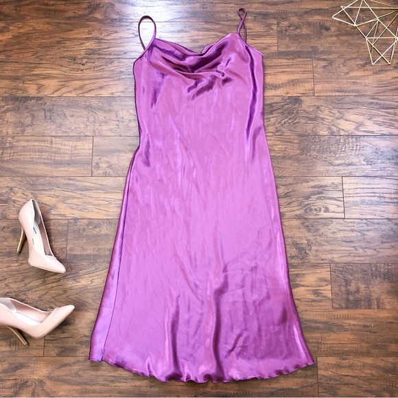 bebe • Satin Cowl Neck Slip Midi Dress Berry pink purple bias cut draped - Picture 2 of 11
